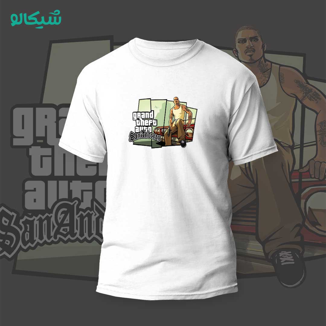 تیشرت-سفید-طرح-سن-آندریاس تیشرت جی تی آی سن آندریاس GTA San Andreas - تصویر 1